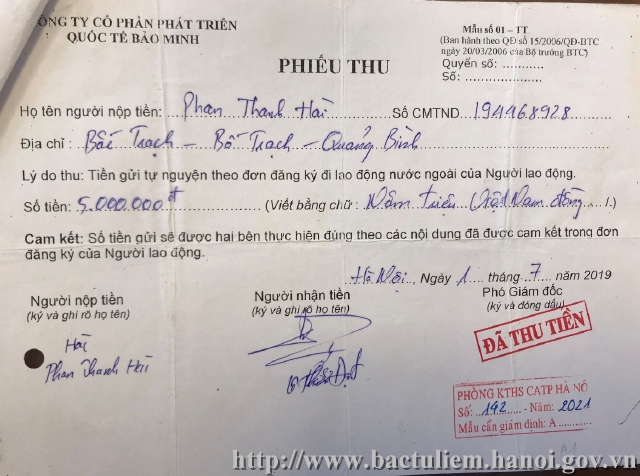 Description: E:\Tin bài năm 2021\Tháng 8. 2021\Đưa người đi xuất khẩu lao động\phiếu thu giả sửa.jpg