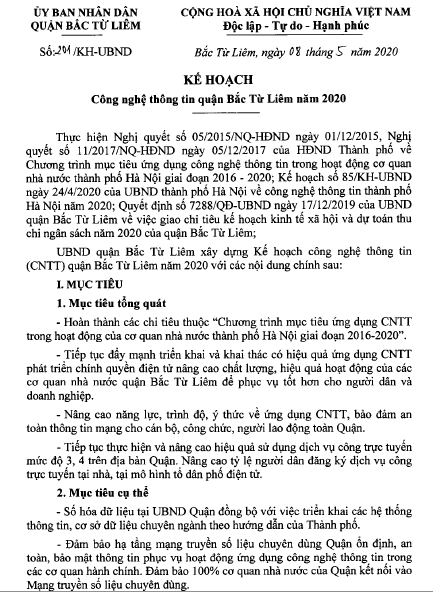 UBND quận Bắc Từ Liêm ban hành Kế hoạch công nghệ thông tin năm 2020